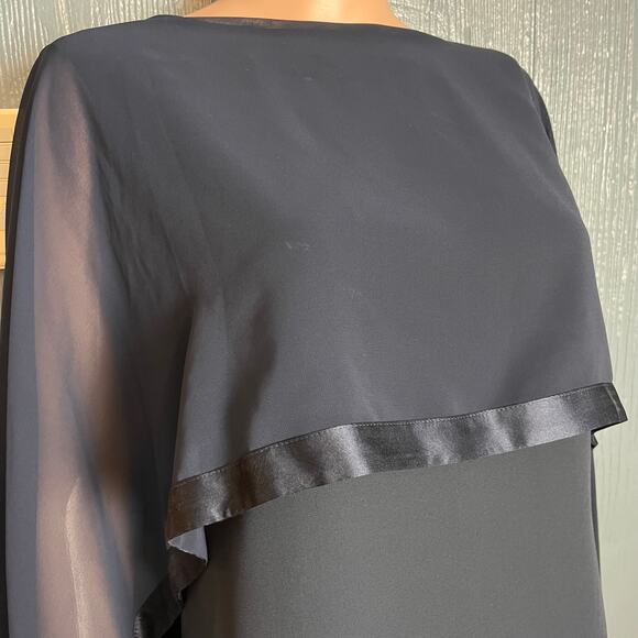 Talbots Navy Blue Sleeveless Chiffon Cape Dress 8 Silk Trim Evening Wear Luxe - Picture 3 of 5
